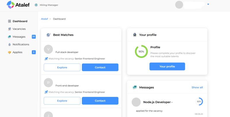 Main Dashboard of Atalef platform