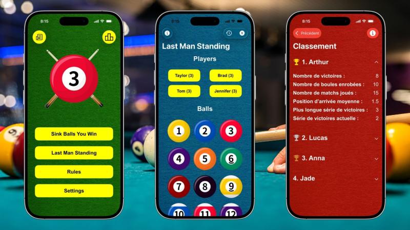 3 iPhones Showing Different Kelly Pool App Screens with Pool Table Background