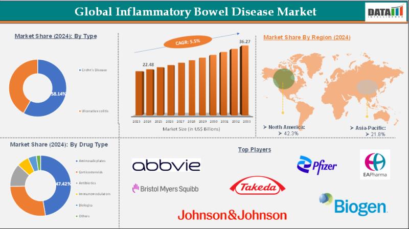 United States Inflammatory Bowel Disease Market is expected to reach US$ 36.27 Billion by 2033 | Major key players - AbbVie Inc, Pfizer Inc, Biogen.