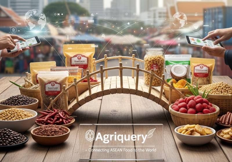 Agriquery B2B food marketplace launch image, showing diverse Thai and ASEAN products (coffee, dried fruit, chilies)