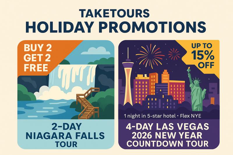 Celebrate the season with Take Tours: Explore Niagara Falls with our Buy 2, Get 2 Free deal or ring in 2026 in Las Vegas .