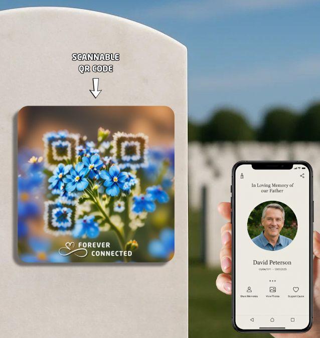 QR Memento with a flower design that scans like a regular QR code, linking to an online tribute