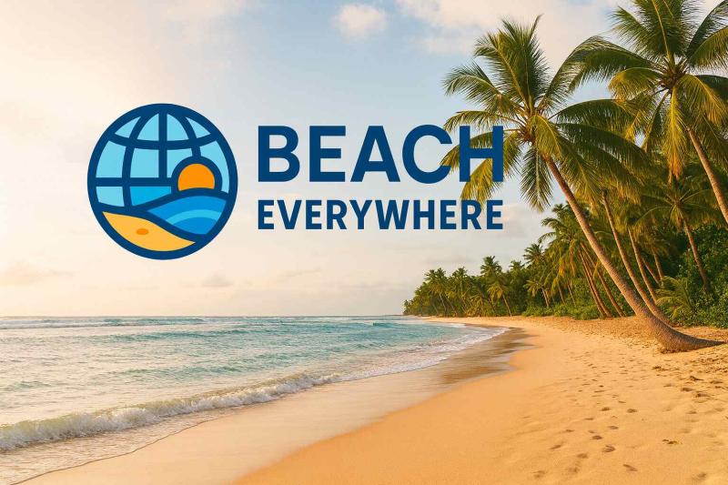 Official BeachEverywhere.com launch image featuring the brand logo on a tropical beach background.