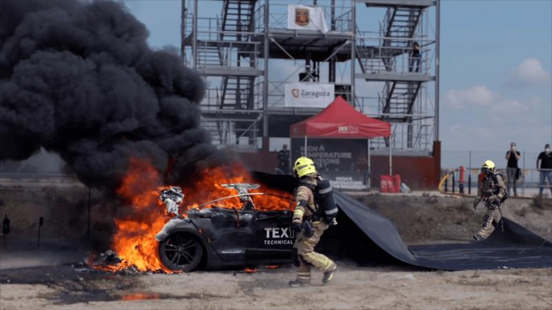 Texfire proves the real-world performance of its fire blankets on an electric vehicle fire.