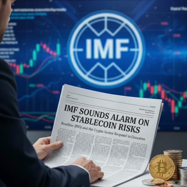 Man in suit reads "IMF Sounds Alarm on Stablecoin Risks" newspaper. IMF logo, financial charts, and crypto coins visible.