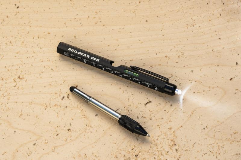 Lucky Jack's 9-in-1 Builder's Pen shown with its detachable multi-tool components - part drafting pen, part pocket toolkit.