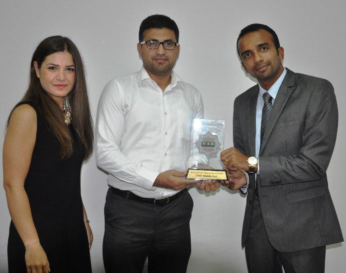Pradeesh VS, General Manager (Right) and Elham Alizadeh, Channel Marketing Manager (Left) at ESET accept the VAR Arabia ICT Award