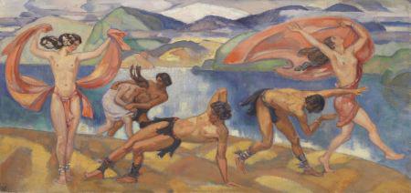 L. von Hofmann, Tanzende in weiter Landschaft. Oil/canvas, c. 1910. 27.5 x 58.2in. EUR 50,000-70,000