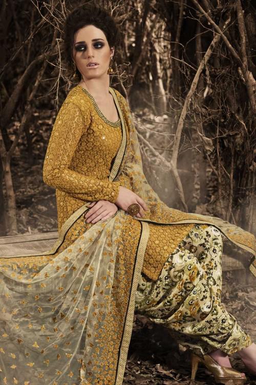 Mustard Net Patiala Suit With Embroidered Dupatta