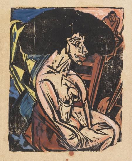 E. L. Kirchner, Die Geliebte, 1915. Woodcut, hand-colored, 17.4 x 11.4 in. ? 100,000-150,000