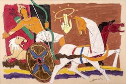 Maqbool Fida Husain - 'Arjun and Sudarshan Chakra' - circa 1980s - Acrylic on canvas - 40 x 60 in.