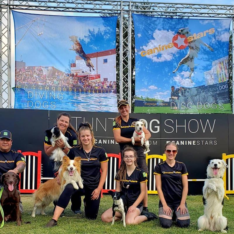 When not performing their extreme dog sport shows, The Canine Stars help distribute pet food donations to shelters in CO and TX.