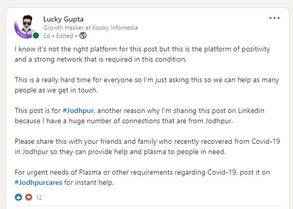 Influencer Lucky Gupta started #Jodhpurcares for help related to Covid-19