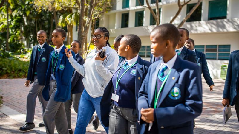High school students from Botswana on a tour around the University of Miami's Coral Gables campus. Photo: TJ Lievonen/UM