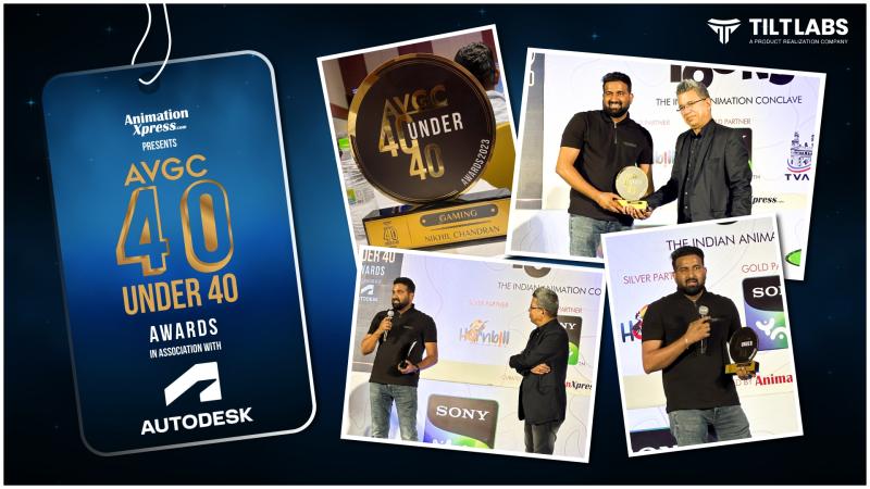 TILTLABS CEO Nikhil Chandran receives the prestigious AVGC 40 Under 40 award at India Joy 2023 in Hyderabad.