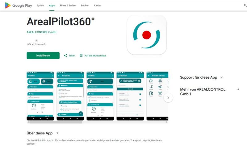 ArealPilot 360° app in the Google PlayStore: Workflow questionnaire activities location tracking chat! (© AREALCONTROL GmbH)