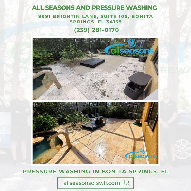 Pressure washing in Cape Coral, FL- All Seasons Window Cleaning & Pressure Washing. The image captures a striking before-and-after transformation of a lanai by All Seasons Window Cleaning & Pressure Washing in Cape Coral, FL. The top half reveals the lana