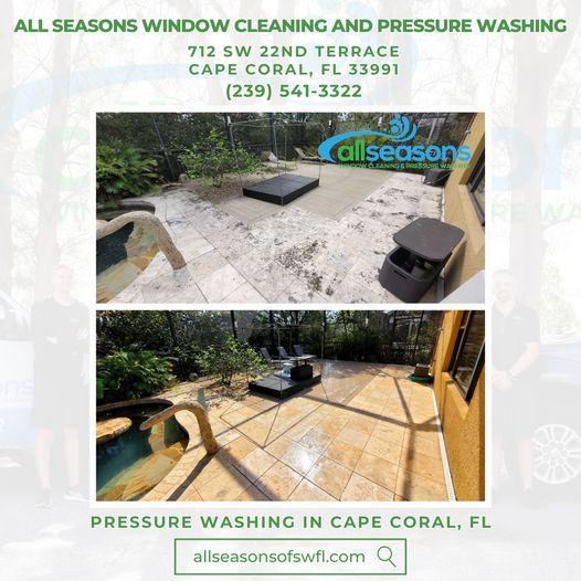Pressure Washing in Cape Coral, FL - All Seasons Window Cleaning and Pressure Washing.Before and after images of a lanai in Cape Coral, FL, cleaned by All Seasons Window Cleaning & Pressure Washing. The top photo shows the lanai pre-cleaning with visible 