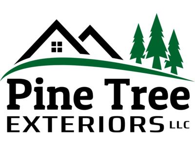 Logo of Pine Tree Exteriors LLC, featuring a stylized house with a roof, positioned above a curved green hill with three pine trees. The text 'Pine Tree Exteriors LLC' is displayed in bold, green lettering below the hill.