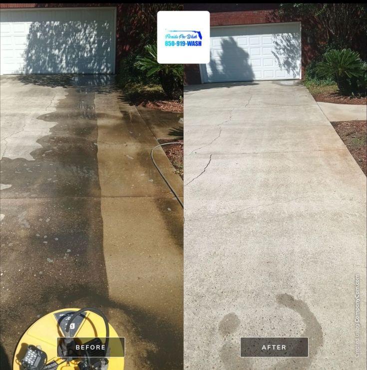 Pressure washing service in Panama City Beach, FL - Florida Pro Wash. Image of a residential driveway before and after pressure washing by Florida Pro Wash. The left side shows the driveway with visible dirt and stains, while the right side displays a cle