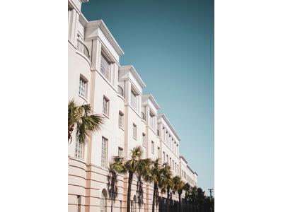 The image features a row of elegant, multi-story residential buildings under a clear blue sky. The buildings are painted in light pastel colors with classic architectural details and framed by tall palm trees, creating a serene and upscale atmosphere. Thi