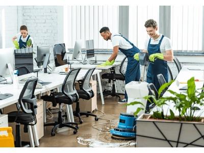 A team of professional cleaners working in a modern office. Two men and one woman are actively cleaning the workspace, equipped with cleaning supplies and a floor scrubber. The office is spacious with natural light, desks with computers, and indoor plants