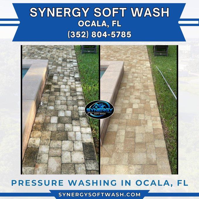 Pressure Washing in Ocala, FL - SynergySoftwash. The image shows a paver pool area divided into two sections. The left side displays the pavers before pressure washing, appearing dirty and stained. The right side showcases the same area after pressure was