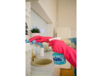 A person wearing pink rubber gloves is cleaning a white shelf with a blue cloth and a spray bottle of cleaning solution in a bright, tidy kitchen setting.