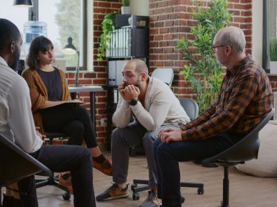 A group therapy session in a cozy, well-lit room with four people seated in a circle. One man appears deep in thought, while the others listen attentively, providing a supportive environment typical of a rehab or counseling setting. The room features bric