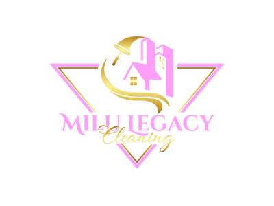 The logo of Milu Legacy Cleaning features a stylized pink and gold design with a house and cleaning brush framed by a triangle and the text 'Milu Legacy Cleaning' in an elegant font.
