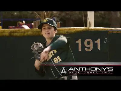 The commercial photo for Anthony's Auto Craft shows a young baseball player in action, symbolizing the company's community involvement and support for local sports. The image promotes Anthony's Auto Craft as not just an auto body shop, but a community