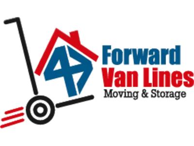 The "Forward Van Lines" logo features a stylized red and blue house integrated into the company name, along with a hand truck symbol that highlights its moving services. The use of red, blue, and black conveys professionalism and reliability, visually c