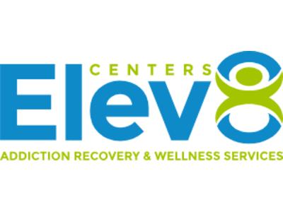 Logo of Elev8 Centers with the text 'Addiction Recovery & Wellness Services' in bright blue and green fonts, representing a professional wellness and addiction recovery center.