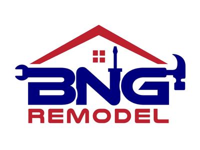 BNG Remodel logo featuring a red house outline with tools integrated into the letters 'BNG,' symbolizing the company's focus on remodeling and construction. The color scheme includes bold blue and red, highlighting the brand's expertise in home renova