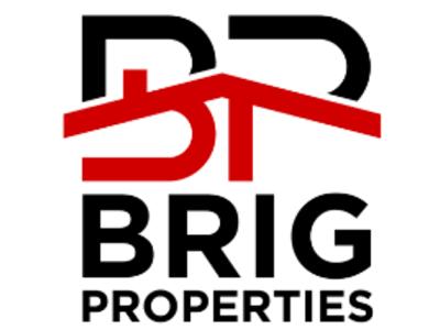 The BRIG Properties logo features a bold and modern design with a red stylized roof, symbolizing the company's focus on real estate. The roof's outline extends to form a subtle, abstract letter "B," with the logo incorporating the color black to balan
