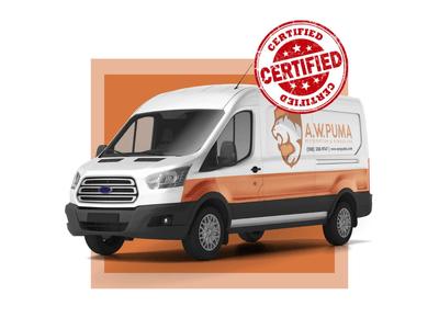 The image shows a branded van for A.W. Puma Restoration & Remodeling with a large "CERTIFIED" stamp. The van is styled in white and orange colors, prominently displaying the company's logo and contact information, giving an impression of a professional