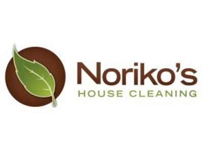 The image shows the logo for "Noriko's House Cleaning." The logo consists of a green leaf inside a brown circle, representing eco-friendly cleaning. The company name is displayed beside the leaf in a simple, clean font.