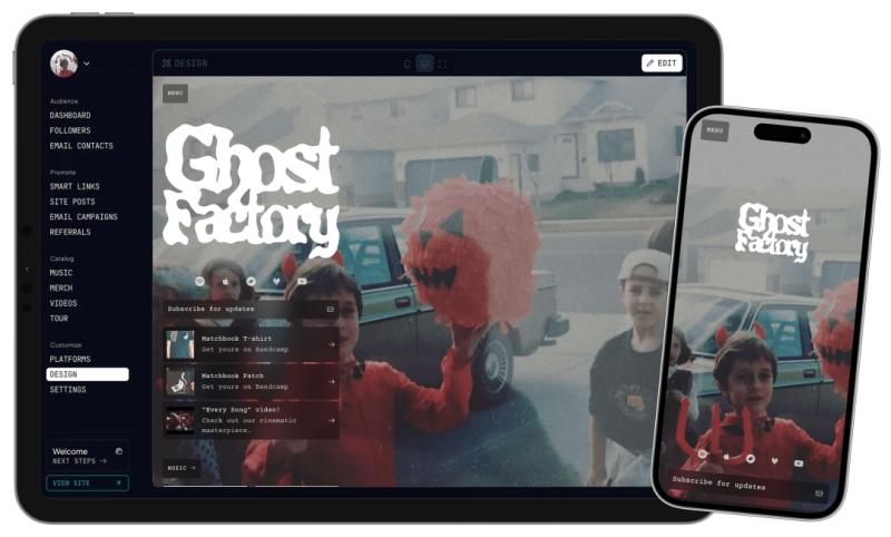The Bandweb dashboard and the artist site it manages, shown for Calgary band Ghost Factory. The site pulls in the band's streaming links and their Bandcamp merch, and works on desktop and mobile.