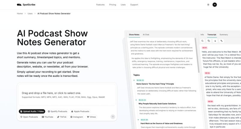 Introducing SpotScribe AI Podcast Show Notes Generator: generates a summary, timestamped topics, and notable mentions from a podcast episode.