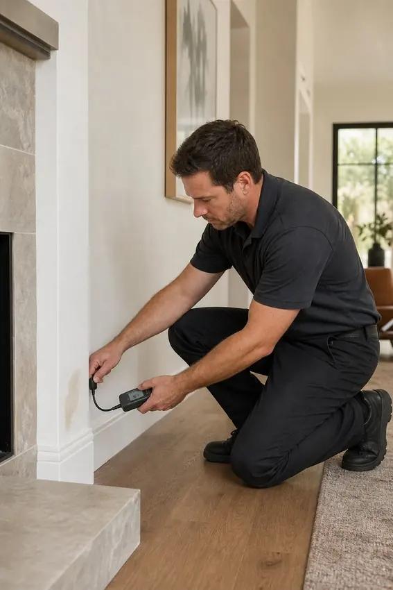 Moisture testing during an indoor leak investigation.