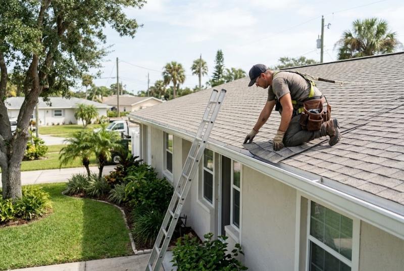 A roofing contractor inspects a rental property roof in Holly Hill, FL ahead of peak rental season. "Owners who rent out their property do not always see small roof issues the way a full time resident would, since nobody is living there watching for a lea