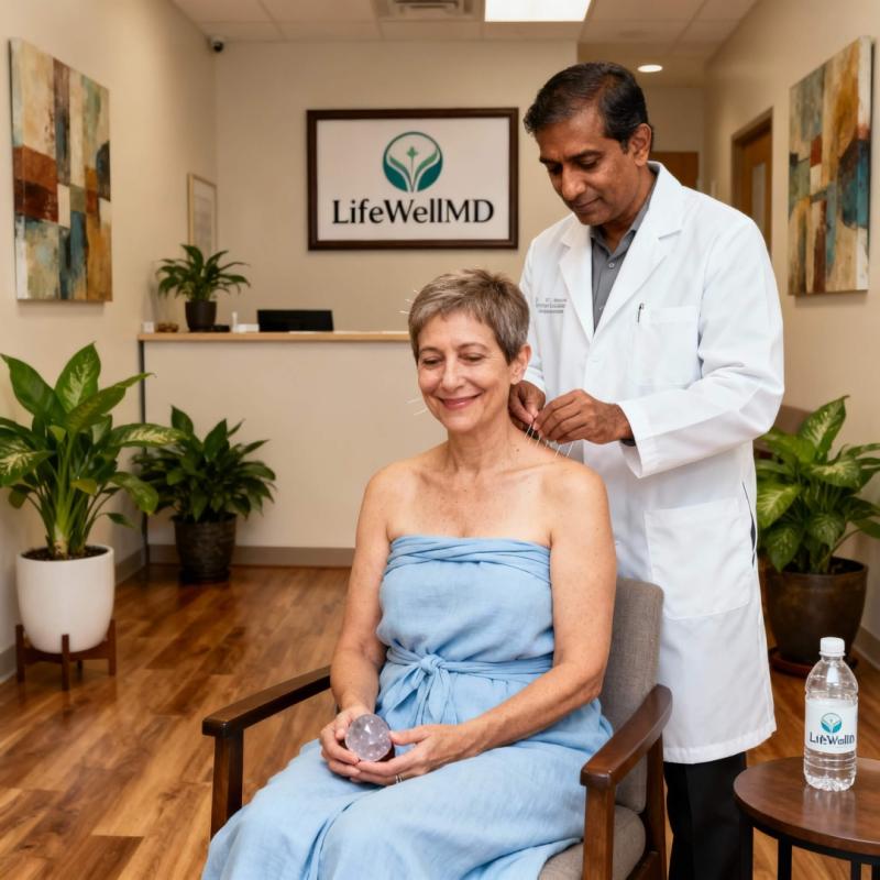 Dr. Kumar provides acupuncture and holistic care to a breast cancer survivor in LifeWellMD's serene clinic. The image captures his compassionate, evidence-based approach--blending functional medicine and oncology expertise to support healing beyond treatm
