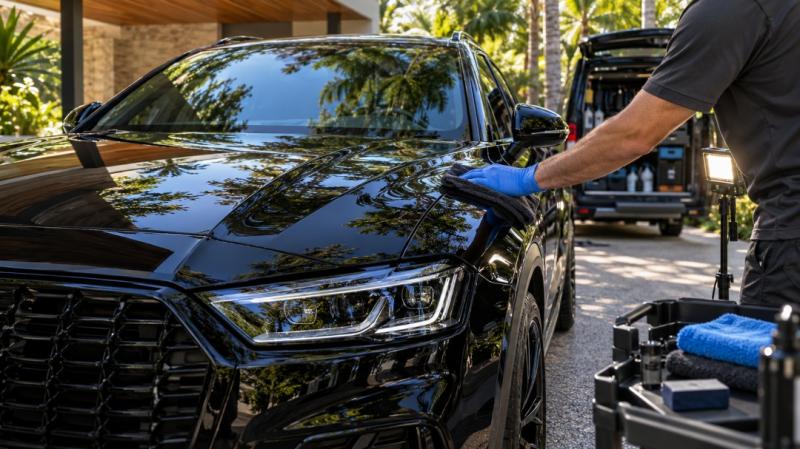 Professional ceramic coating and paint protection by Isaac's Pro Detailing, a premium mobile car detailing specialist on the Sunshine Coast, Queensland. The image highlights expert surface preparation and a high-gloss finish. Isaac's Pro Detailing has rec