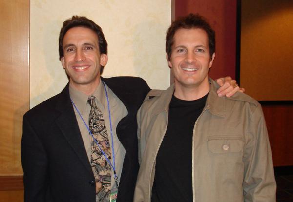 Shaun Kurtz (Right), Executive Producer of 'Chill,' accepts a sincere backstage welcome from Tony Timpone (Left), longtime Editor of Fangoria Magazine and Fangoria.com. Timpone served as M.C. for Fangoria?s Weekend of Horrors convention.)