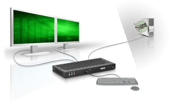 Matrox Extio F2208 KVM extender drives up to two monitors from a single appliance, fiber-optic cable