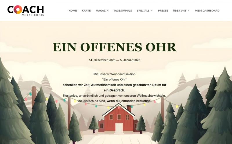 Christmas campaign Screenshot of the campaign page ( (C) 2025 coachverzeichnis.com)