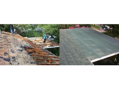 The image is a horizontal composite showing a before-and-after of a roofing project. The left panel shows the roof decking exposed, with old materials stripped away and the wooden structure visible as crew members work on the removal. The right panel disp