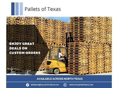 The image is an advertisement for Pallets of Texas, clearly illustrating their main business with a dramatic photo of their inventory.