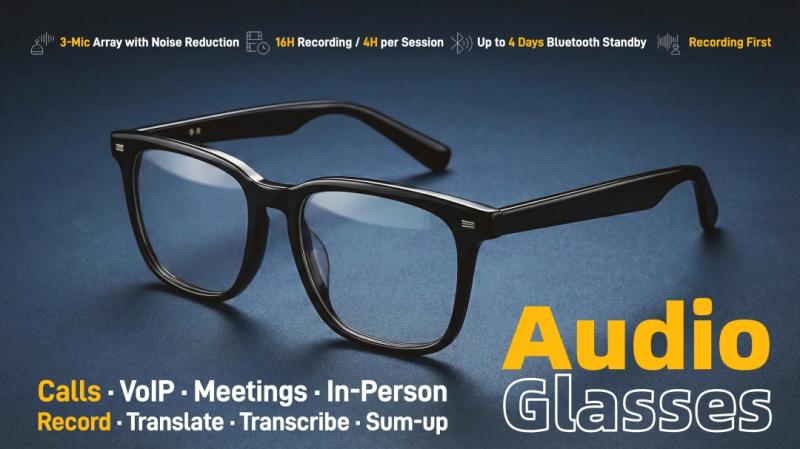 Hyper AI Audio Glasses, a voice recorder with transcription, designed for calls, VoIP, meetings, and in-person conversations, featuring a 3-microphone array, noise reduction, and recording-first on-device audio capture with transcription and AI summaries.