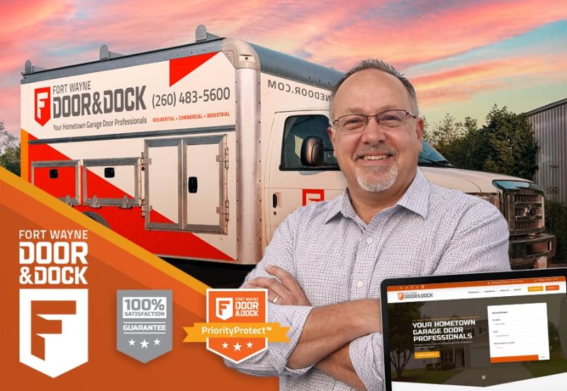 Joe Schenke of Fort Wayne Door & Dock in front of branded service truck, showcasing new ownership and consumer-first garage door services.